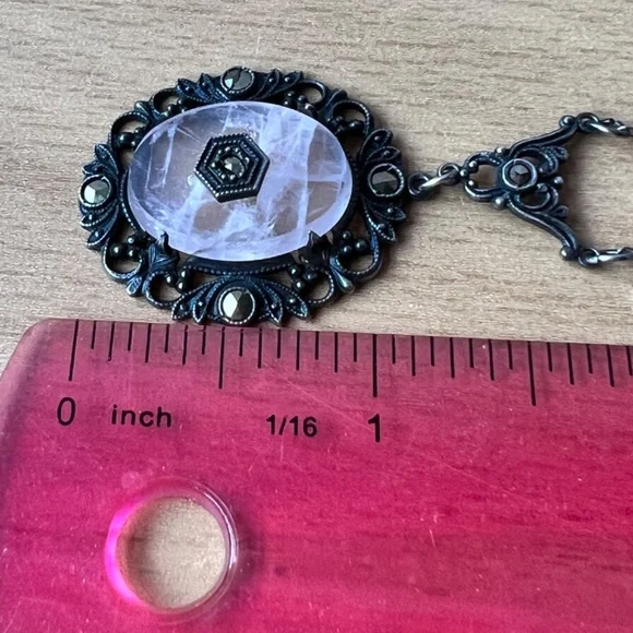 ANTIQUE ROSE QUARTZ MARCASITE STERLING SILVER NECKLACE PENDANT W/CHAIN GERMANY